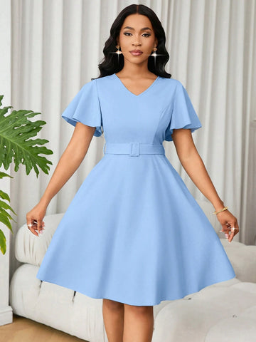 Lunessa Women's Elegant Minimalist Solid Color Ruffle Sleeve A-Line Dress, Summer Lunessa Women's Elegant Minimalist Solid Color Ruffle Sleeve A-Line Dress, Summer