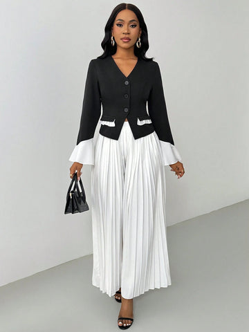 Lyxana 2-Piece Set: Black & White Contrast V-Neck Flare Sleeve Blazer Jacket And Pleated Elastic Waist Pants For Women Lyxana 2-Piece Set: Black & White Contrast V-Neck Flare Sleeve Blazer Jacket And Pleated Elastic Waist Pants For Women