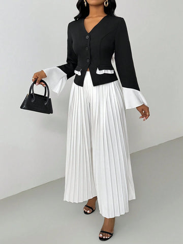 Lyxana 2-Piece Set: Black & White Contrast V-Neck Flare Sleeve Blazer Jacket And Pleated Elastic Waist Pants For Women Lyxana 2-Piece Set: Black & White Contrast V-Neck Flare Sleeve Blazer Jacket And Pleated Elastic Waist Pants For Women