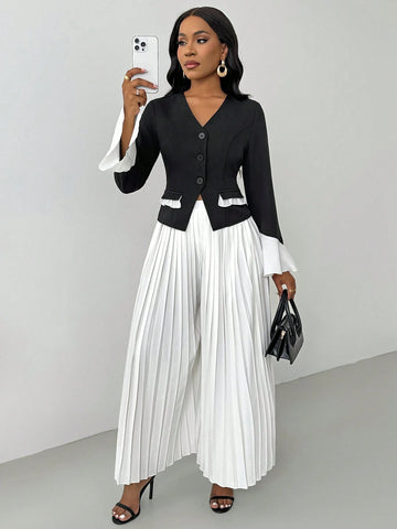 Lyxana 2-Piece Set: Black & White Contrast V-Neck Flare Sleeve Blazer Jacket And Pleated Elastic Waist Pants For Women Lyxana 2-Piece Set: Black & White Contrast V-Neck Flare Sleeve Blazer Jacket And Pleated Elastic Waist Pants For Women