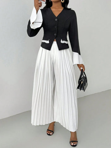 Lyxana 2-Piece Set: Black & White Contrast V-Neck Flare Sleeve Blazer Jacket And Pleated Elastic Waist Pants For Women Lyxana 2-Piece Set: Black & White Contrast V-Neck Flare Sleeve Blazer Jacket And Pleated Elastic Waist Pants For Women