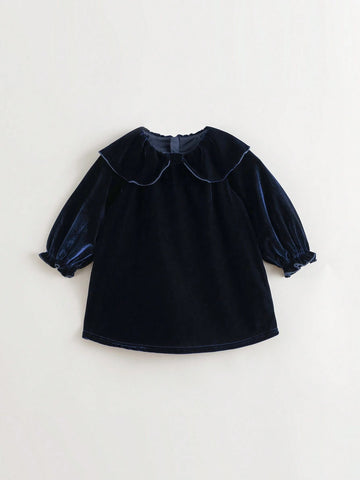 Young Girl Peter Pan Collar Flounce Sleeve Velvet Dress Young Girl Peter Pan Collar Flounce Sleeve Velvet Dress