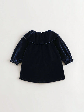 Young Girl Peter Pan Collar Flounce Sleeve Velvet Dress Young Girl Peter Pan Collar Flounce Sleeve Velvet Dress