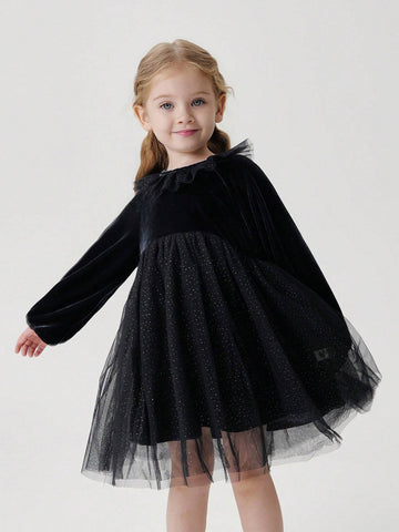 Young Girls Baby Elegant Sweet Ruffle Velvet & Mesh Contrast Round Neck Long Sleeve Dress, Autumn/Winter Young Girls Baby Elegant Sweet Ruffle Velvet & Mesh Contrast Round Neck Long Sleeve Dress, Autumn/Winter