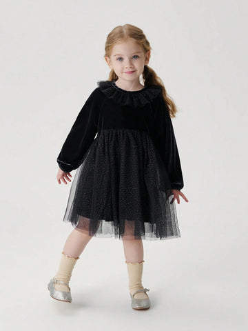Young Girls Baby Elegant Sweet Ruffle Velvet & Mesh Contrast Round Neck Long Sleeve Dress, Autumn/Winter Young Girls Baby Elegant Sweet Ruffle Velvet & Mesh Contrast Round Neck Long Sleeve Dress, Autumn/Winter