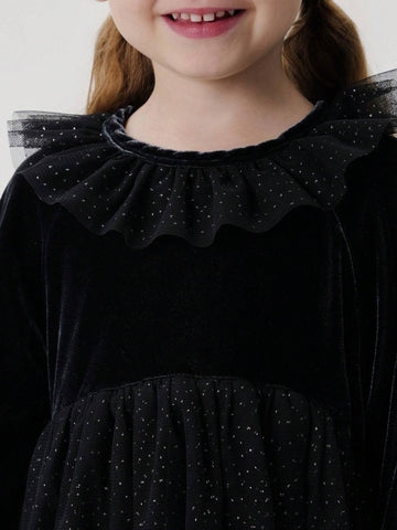Young Girls Baby Elegant Sweet Ruffle Velvet & Mesh Contrast Round Neck Long Sleeve Dress, Autumn/Winter Young Girls Baby Elegant Sweet Ruffle Velvet & Mesh Contrast Round Neck Long Sleeve Dress, Autumn/Winter