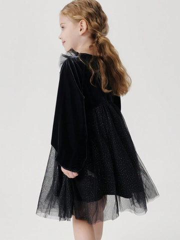 Young Girls Baby Elegant Sweet Ruffle Velvet & Mesh Contrast Round Neck Long Sleeve Dress, Autumn/Winter Young Girls Baby Elegant Sweet Ruffle Velvet & Mesh Contrast Round Neck Long Sleeve Dress, Autumn/Winter