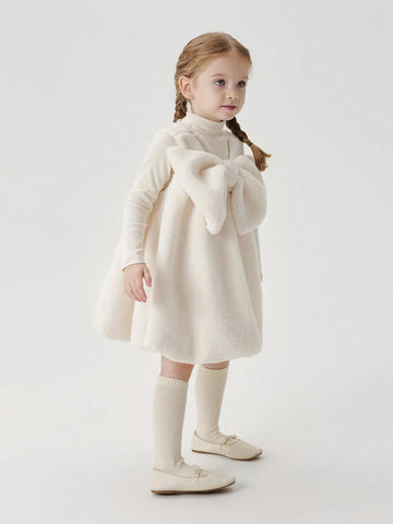 Young Girls Cute Big Bow Floral Sleeveless Fleece Dress, Autumn/Winter Young Girls Cute Big Bow Floral Sleeveless Fleece Dress, Autumn/Winter