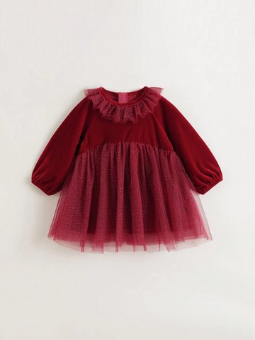 Young Girls Elegant Sweet Ruffle Velvet & Tulle Patchwork Round Neck Long Sleeve Dress, Autumn/Winter Young Girls Elegant Sweet Ruffle Velvet & Tulle Patchwork Round Neck Long Sleeve Dress, Autumn/Winter