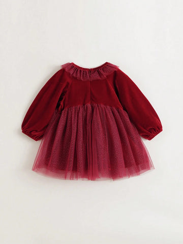 Young Girls Elegant Sweet Ruffle Velvet & Tulle Patchwork Round Neck Long Sleeve Dress, Autumn/Winter Young Girls Elegant Sweet Ruffle Velvet & Tulle Patchwork Round Neck Long Sleeve Dress, Autumn/Winter