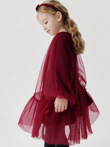 Young Girls Elegant Sweet Velvet & Mesh Contrast Round Neck Long Sleeve Dress, Autumn/Winter Young Girls Elegant Sweet Velvet & Mesh Contrast Round Neck Long Sleeve Dress, Autumn/Winter