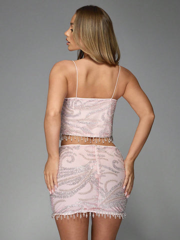 MISSGUIDED Crystal Beads Embroidered And Frill Detail Hem Cami Top And Mini Dress Two Piece Co Ord Set MISSGUIDED Crystal Beads Embroidered And Frill Detail Hem Cami Top And Mini Dress Two Piece Co Ord Set