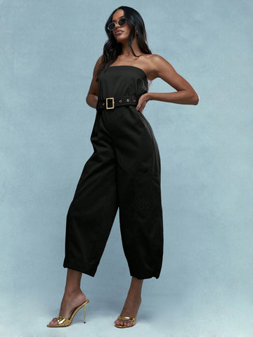 MISSGUIDED Embroidered Logo Zip Closure Bandeau Jumpsuit With Belt MISSGUIDED Embroidered Logo Zip Closure Bandeau Jumpsuit With Belt