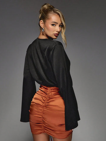 MISSGUIDED Satin Cowl Front Long Loose Sleeves Bodysuit MISSGUIDED Satin Cowl Front Long Loose Sleeves Bodysuit