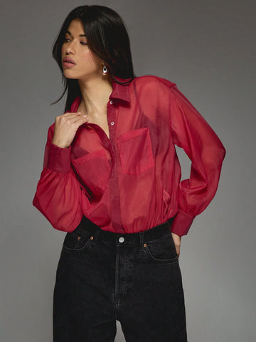 MISSGUIDED Sheer Long Sleeves Shirt Bodysuit MISSGUIDED Sheer Long Sleeves Shirt Bodysuit