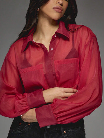 MISSGUIDED Sheer Long Sleeves Shirt Bodysuit MISSGUIDED Sheer Long Sleeves Shirt Bodysuit