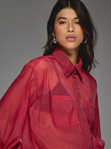 MISSGUIDED Sheer Long Sleeves Shirt Bodysuit MISSGUIDED Sheer Long Sleeves Shirt Bodysuit