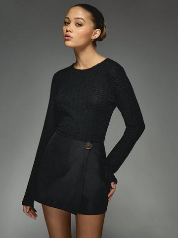 MISSGUIDED Texture Long Sleeve Wrap Front Skort Playsuit MISSGUIDED Texture Long Sleeve Wrap Front Skort Playsuit