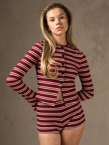 MISSGUIDED Textured Stripe Buttoned Knit Long Sleeves Top And Micro Shorts Two Piece Co Ord Set MISSGUIDED Textured Stripe Buttoned Knit Long Sleeves Top And Micro Shorts Two Piece Co Ord Set