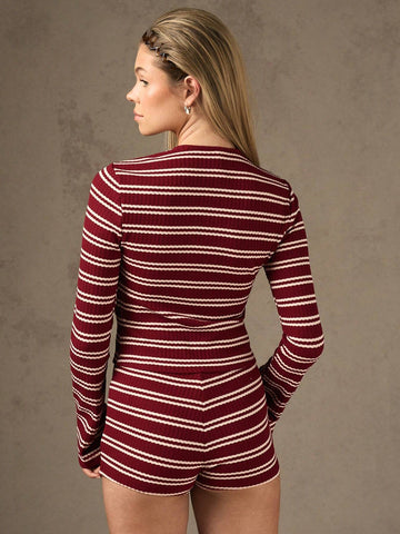MISSGUIDED Textured Stripe Buttoned Knit Long Sleeves Top And Micro Shorts Two Piece Co Ord Set MISSGUIDED Textured Stripe Buttoned Knit Long Sleeves Top And Micro Shorts Two Piece Co Ord Set