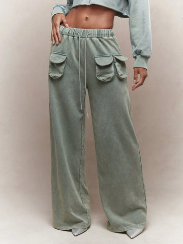 MISSGUIDED Washed Outer Pocket Detail Wide Leg Sweatpants With Drawstrings MISSGUIDED Washed Outer Pocket Detail Wide Leg Sweatpants With Drawstrings