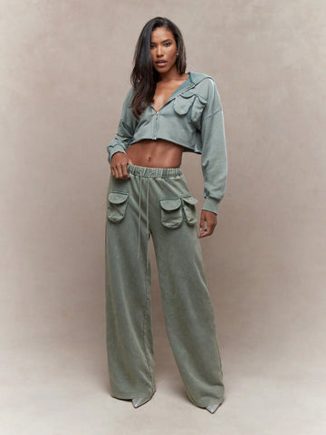MISSGUIDED Washed Outer Pocket Detail Wide Leg Sweatpants With Drawstrings MISSGUIDED Washed Outer Pocket Detail Wide Leg Sweatpants With Drawstrings