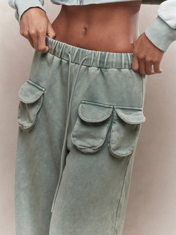 MISSGUIDED Washed Outer Pocket Detail Wide Leg Sweatpants With Drawstrings MISSGUIDED Washed Outer Pocket Detail Wide Leg Sweatpants With Drawstrings