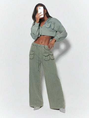 MISSGUIDED Washed Outer Pocket Detail Wide Leg Sweatpants With Drawstrings MISSGUIDED Washed Outer Pocket Detail Wide Leg Sweatpants With Drawstrings
