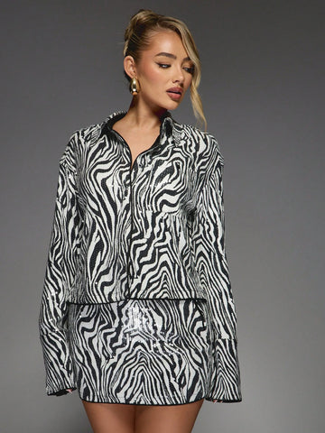MISSGUIDED Zebra Sequin Long Sleeve Shirt And Bodycon Mini Skirt Two Piece Co Ord Set MISSGUIDED Zebra Sequin Long Sleeve Shirt And Bodycon Mini Skirt Two Piece Co Ord Set