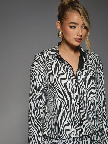 MISSGUIDED Zebra Sequin Long Sleeve Shirt And Bodycon Mini Skirt Two Piece Co Ord Set MISSGUIDED Zebra Sequin Long Sleeve Shirt And Bodycon Mini Skirt Two Piece Co Ord Set