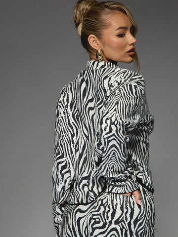 MISSGUIDED Zebra Sequin Long Sleeve Shirt And Bodycon Mini Skirt Two Piece Co Ord Set MISSGUIDED Zebra Sequin Long Sleeve Shirt And Bodycon Mini Skirt Two Piece Co Ord Set