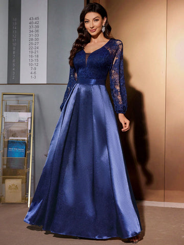 MIUSOL Deep V-Neck Floral Lace Contrast Satin Lantern Sleeve Evening Party Long Dress MIUSOL Deep V-Neck Floral Lace Contrast Satin Lantern Sleeve Evening Party Long Dress