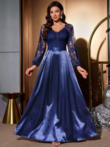 MIUSOL Deep V-Neck Floral Lace Contrast Satin Lantern Sleeve Evening Party Long Dress MIUSOL Deep V-Neck Floral Lace Contrast Satin Lantern Sleeve Evening Party Long Dress