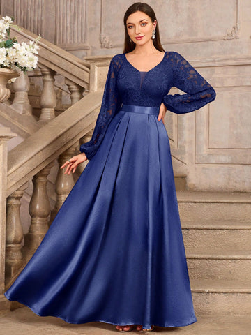 MIUSOL Deep V-Neck Floral Lace Contrast Satin Lantern Sleeve Evening Party Long Dress MIUSOL Deep V-Neck Floral Lace Contrast Satin Lantern Sleeve Evening Party Long Dress