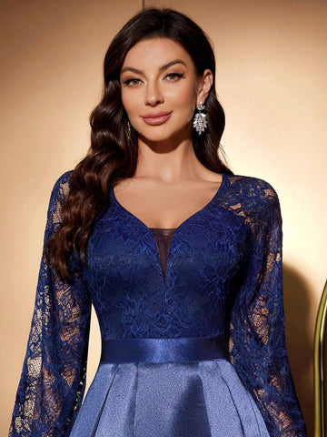 MIUSOL Deep V-Neck Floral Lace Contrast Satin Lantern Sleeve Evening Party Long Dress MIUSOL Deep V-Neck Floral Lace Contrast Satin Lantern Sleeve Evening Party Long Dress