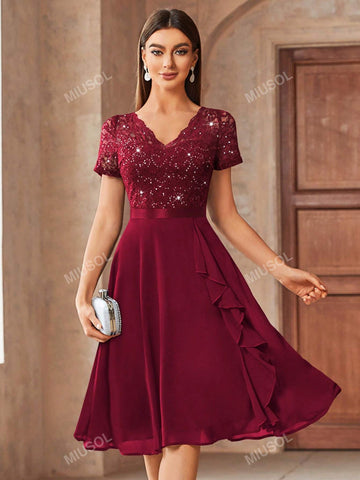 MIUSOL V-Neck Contrast Lace Sequin Insert Ruffle Trim Chiffon Cocktail Party Swing Dress MIUSOL V-Neck Contrast Lace Sequin Insert Ruffle Trim Chiffon Cocktail Party Swing Dress