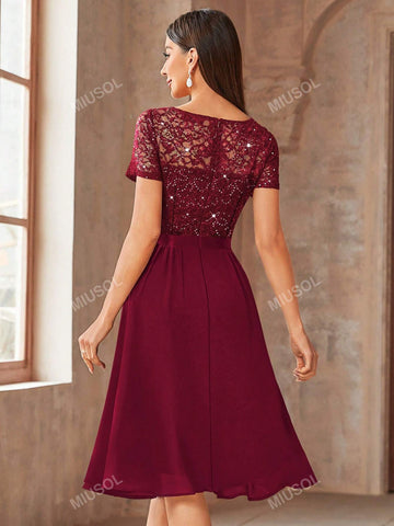 MIUSOL V-Neck Contrast Lace Sequin Insert Ruffle Trim Chiffon Cocktail Party Swing Dress MIUSOL V-Neck Contrast Lace Sequin Insert Ruffle Trim Chiffon Cocktail Party Swing Dress