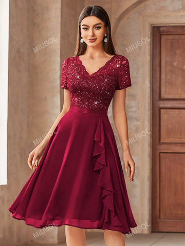 MIUSOL V-Neck Contrast Lace Sequin Insert Ruffle Trim Chiffon Cocktail Party Swing Dress MIUSOL V-Neck Contrast Lace Sequin Insert Ruffle Trim Chiffon Cocktail Party Swing Dress