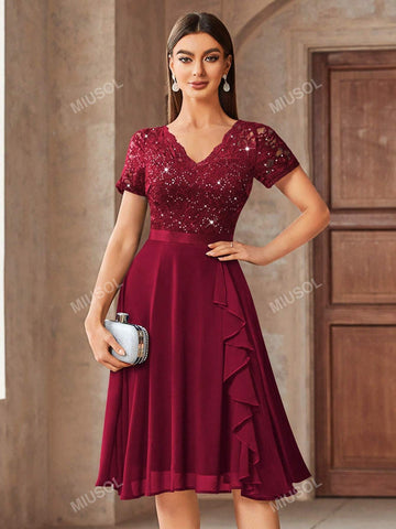 MIUSOL V-Neck Contrast Lace Sequin Insert Ruffle Trim Chiffon Cocktail Party Swing Dress MIUSOL V-Neck Contrast Lace Sequin Insert Ruffle Trim Chiffon Cocktail Party Swing Dress
