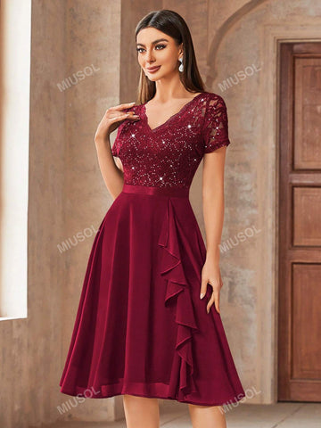 MIUSOL V-Neck Contrast Lace Sequin Insert Ruffle Trim Chiffon Cocktail Party Swing Dress MIUSOL V-Neck Contrast Lace Sequin Insert Ruffle Trim Chiffon Cocktail Party Swing Dress