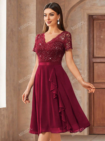 MIUSOL V-Neck Contrast Lace Sequin Insert Ruffle Trim Chiffon Cocktail Party Swing Dress MIUSOL V-Neck Contrast Lace Sequin Insert Ruffle Trim Chiffon Cocktail Party Swing Dress