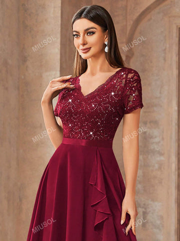 MIUSOL V-Neck Contrast Lace Sequin Insert Ruffle Trim Chiffon Cocktail Party Swing Dress MIUSOL V-Neck Contrast Lace Sequin Insert Ruffle Trim Chiffon Cocktail Party Swing Dress