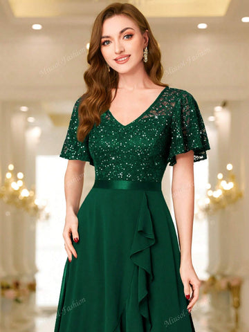 MIUSOL V Neck Floral Lace Sequin Insert Ruffle Hem Evening Party Long Dress MIUSOL V Neck Floral Lace Sequin Insert Ruffle Hem Evening Party Long Dress