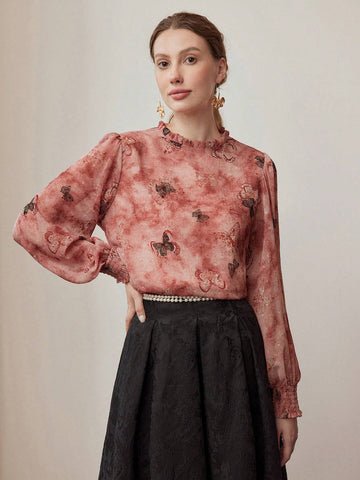 MOTF PREMIUM BUTTERFLY AND TIE DYE PRINT FRILL TRIM BLOUSE MOTF PREMIUM BUTTERFLY AND TIE DYE PRINT FRILL TRIM BLOUSE