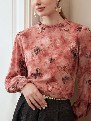 MOTF PREMIUM BUTTERFLY AND TIE DYE PRINT FRILL TRIM BLOUSE MOTF PREMIUM BUTTERFLY AND TIE DYE PRINT FRILL TRIM BLOUSE