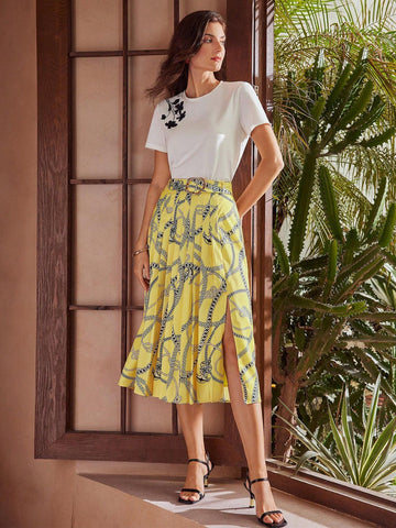 MOTF PREMIUM CHAIN PRINT BUCKLE BELTED SPLIT THIGH PLEATED SKIRT MOTF PREMIUM CHAIN PRINT BUCKLE BELTED SPLIT THIGH PLEATED SKIRT