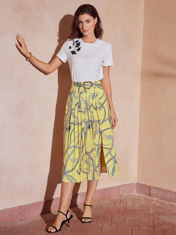 MOTF PREMIUM CHAIN PRINT BUCKLE BELTED SPLIT THIGH PLEATED SKIRT MOTF PREMIUM CHAIN PRINT BUCKLE BELTED SPLIT THIGH PLEATED SKIRT