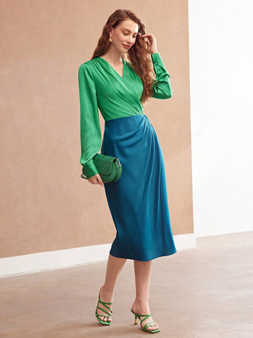 MOTF PREMIUM CONTRASTING COLOR WOVEN WRAP NECKLINE DRESS MOTF PREMIUM CONTRASTING COLOR WOVEN WRAP NECKLINE DRESS