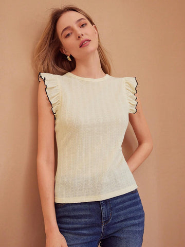 MOTF PREMIUM CONTRAST BINDING RUFFLE ARMHOLE TEXTURED TEE MOTF PREMIUM CONTRAST BINDING RUFFLE ARMHOLE TEXTURED TEE