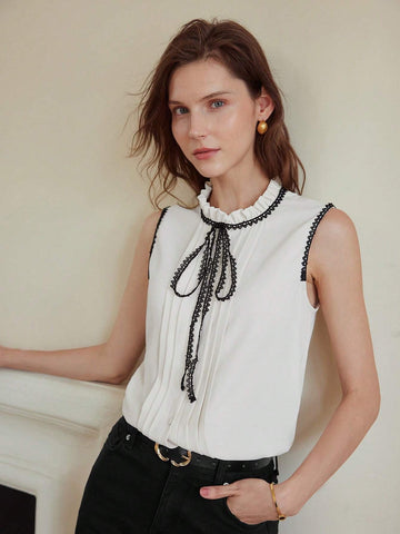 MOTF PREMIUM CONTRAST LACE TRIM TIE NECK FRILL MOCK NECK FOLD PLEATED BLOUSE MOTF PREMIUM CONTRAST LACE TRIM TIE NECK FRILL MOCK NECK FOLD PLEATED BLOUSE